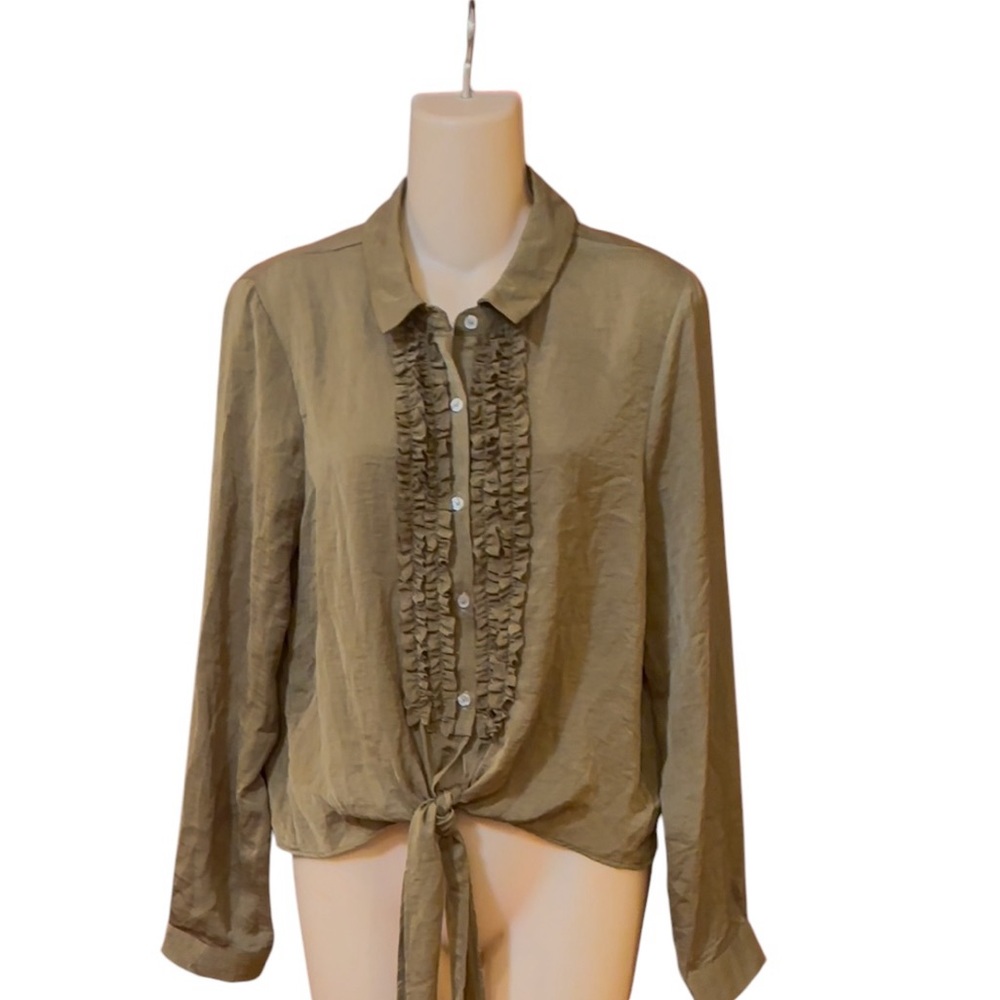 Glam‎ Olive Green Ruffle Front Blouse NWT